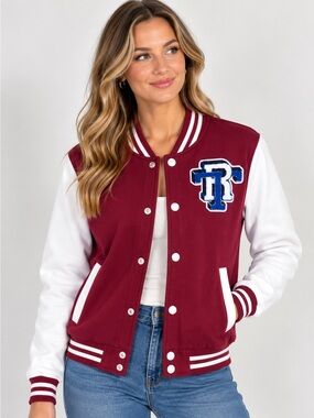 True Religion Varsity Jacket Burgundy White Blue Embroidered Logo Women’s L